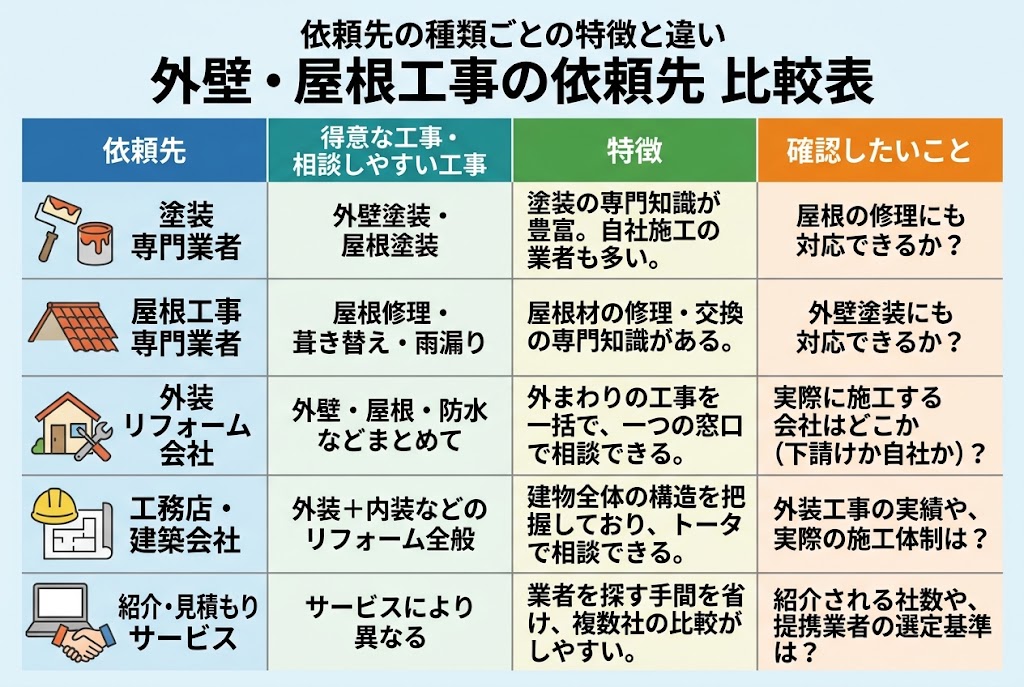 依頼先の種類ごとの特徴と違い