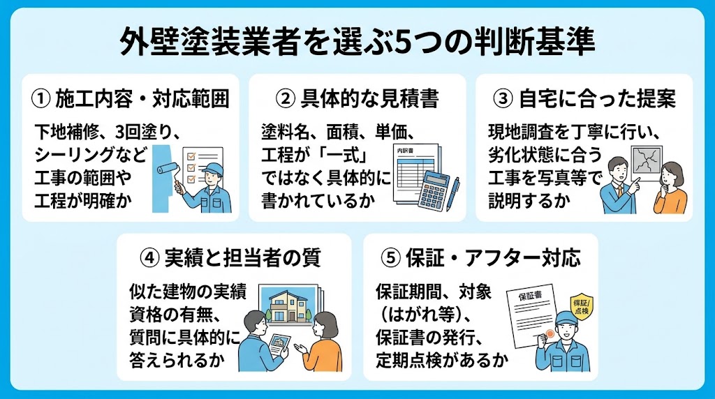 外壁塗装業者を選ぶ5つの判断基準