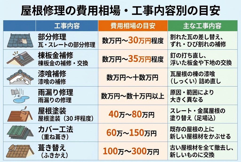 屋根修理の費用相場はいくら？工事内容別の目安