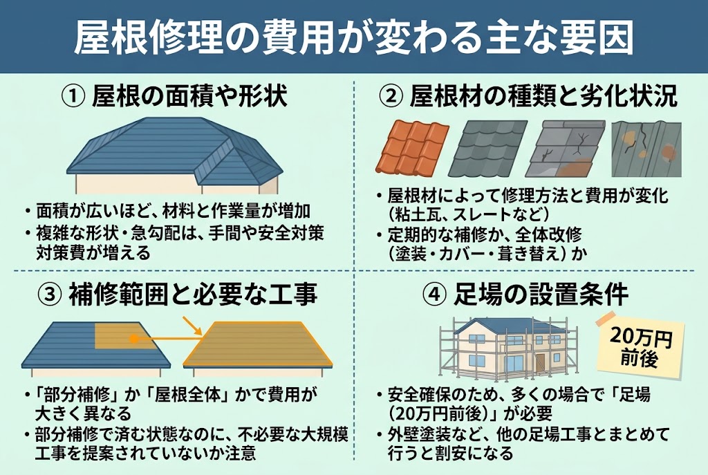 屋根修理の費用が変わる主な要因